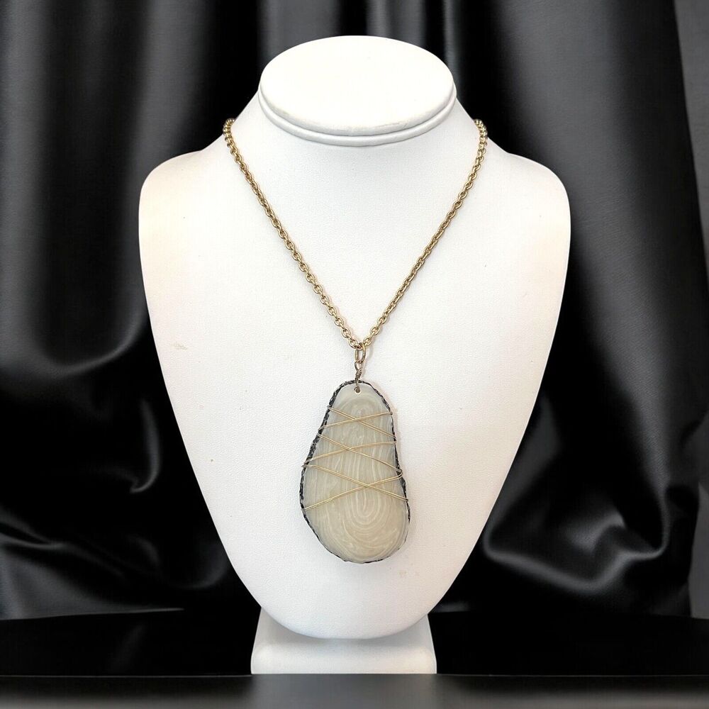 New Gold Tone Pendant Necklace Wrapped Simulated Stone - 12R